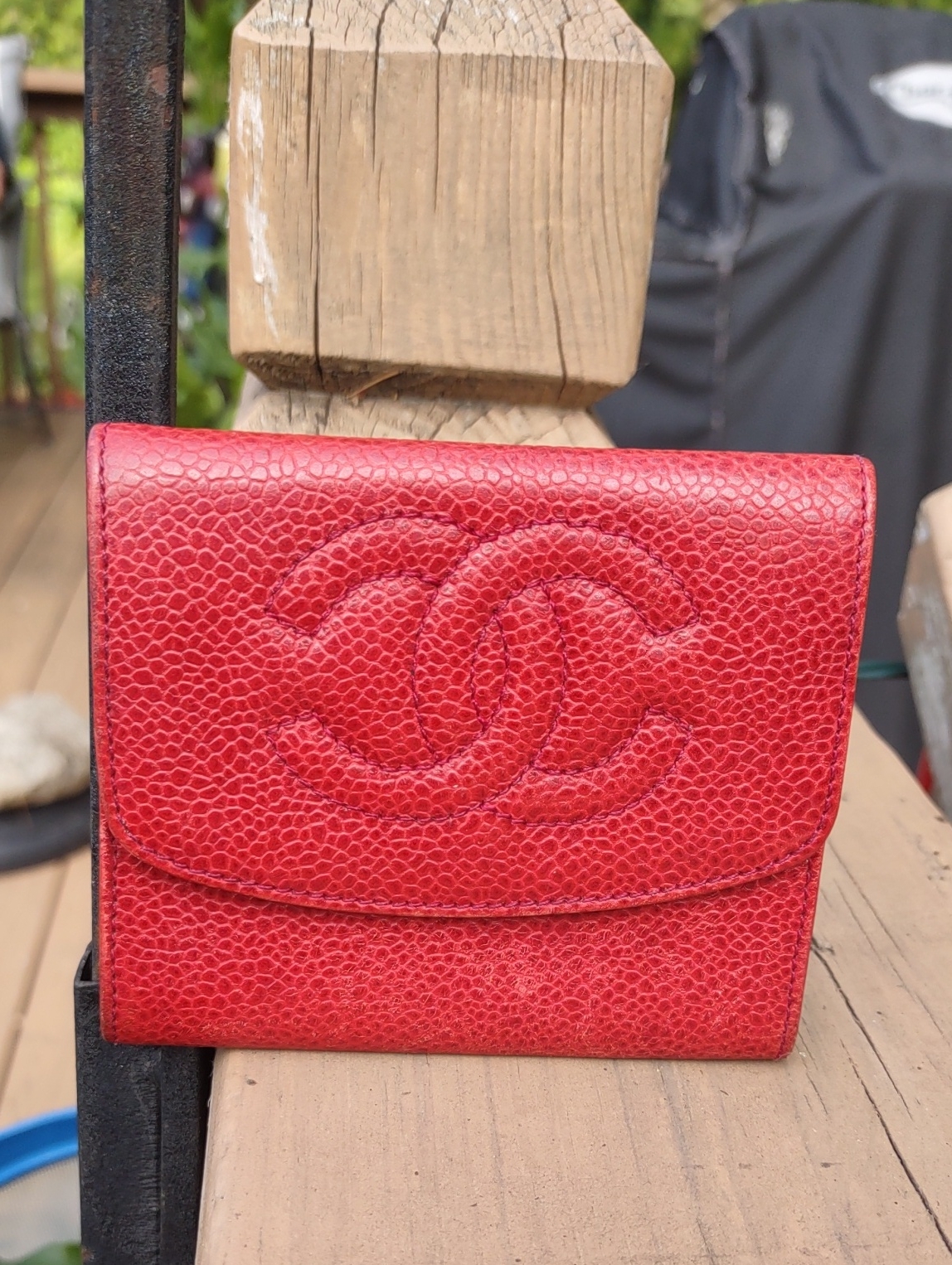 Chanel Red Quilted Cc Embossed Leather Coin Wallet.